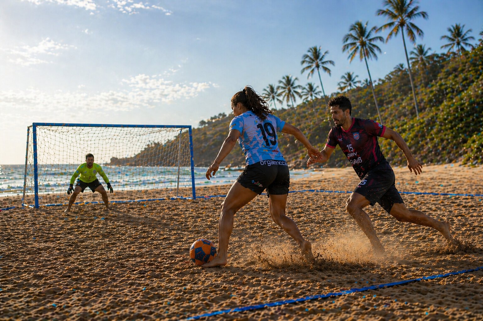coed beach soccer match on a marked sand field in Punta de Mita with goalkeeper set for a shot.jpg