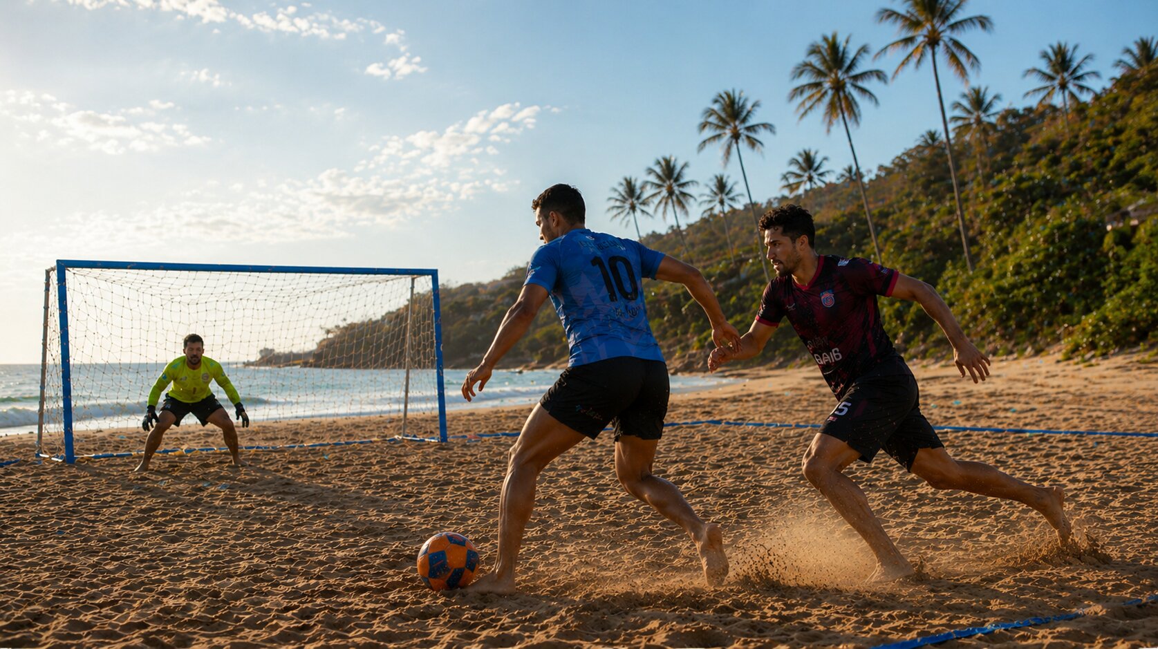 beach soccer player advancing toward goal during the Punta Mita Beach Cup 2026 in Punta de Mita, Mexico