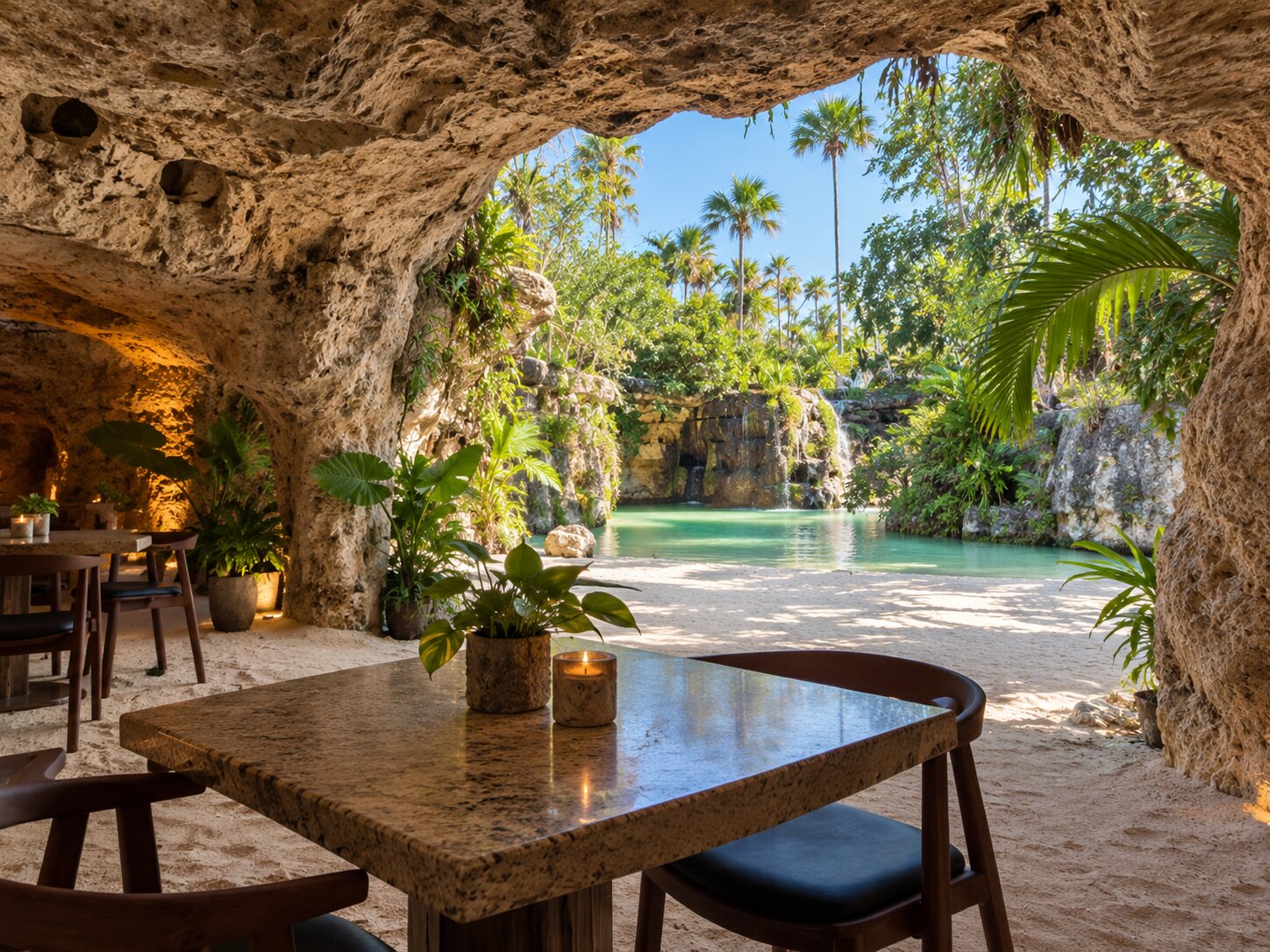 Cave-side table with lagoon view near Bio Bar at Hotel Xcaret Mexico