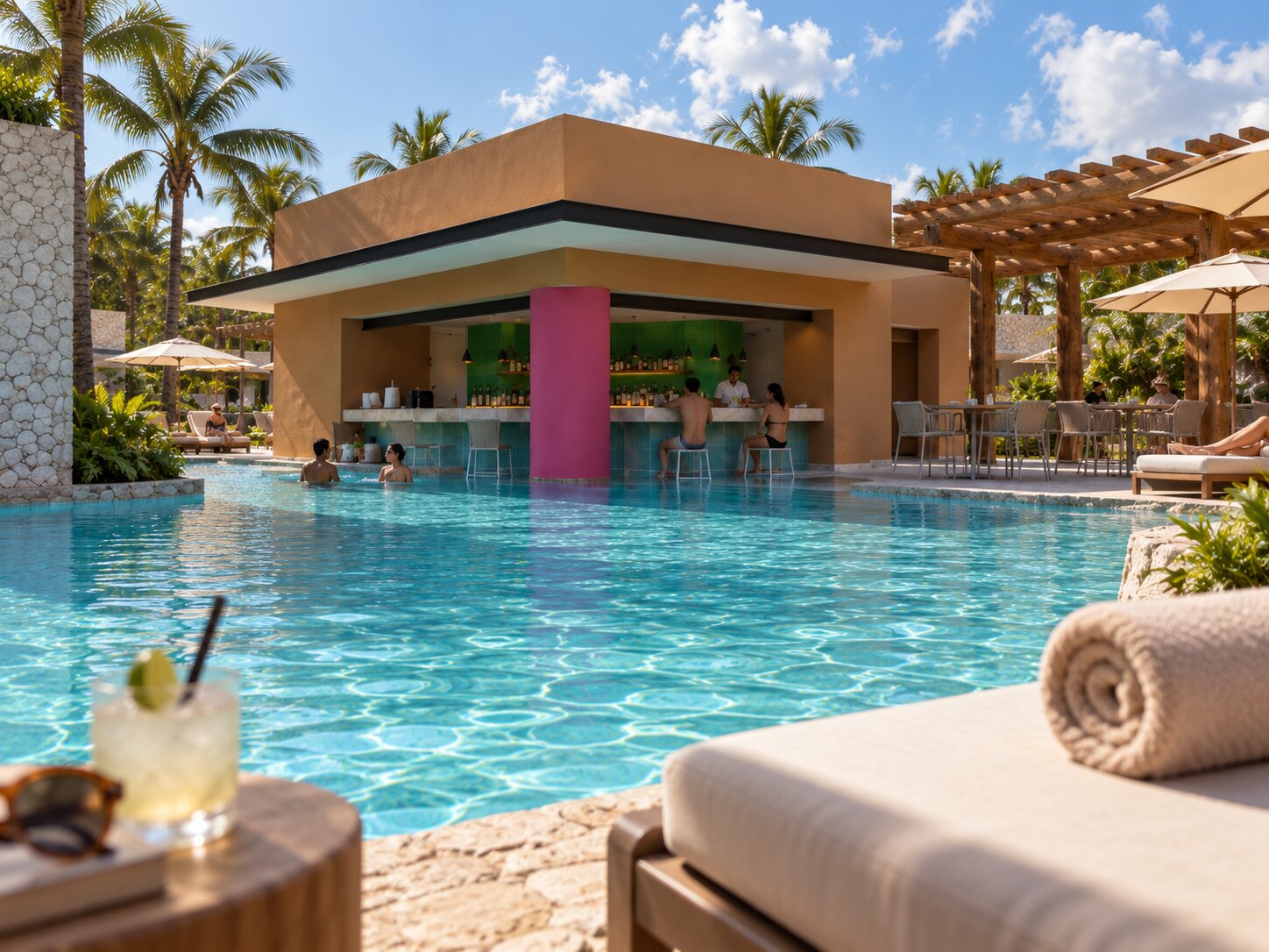 Lounge seating beside Casa Luna Pool Bar at Hotel Xcaret Mexico