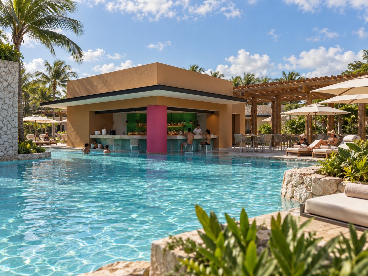 Wide view of Casa Luna Pool Bar and pool at Hotel Xcaret Mexico