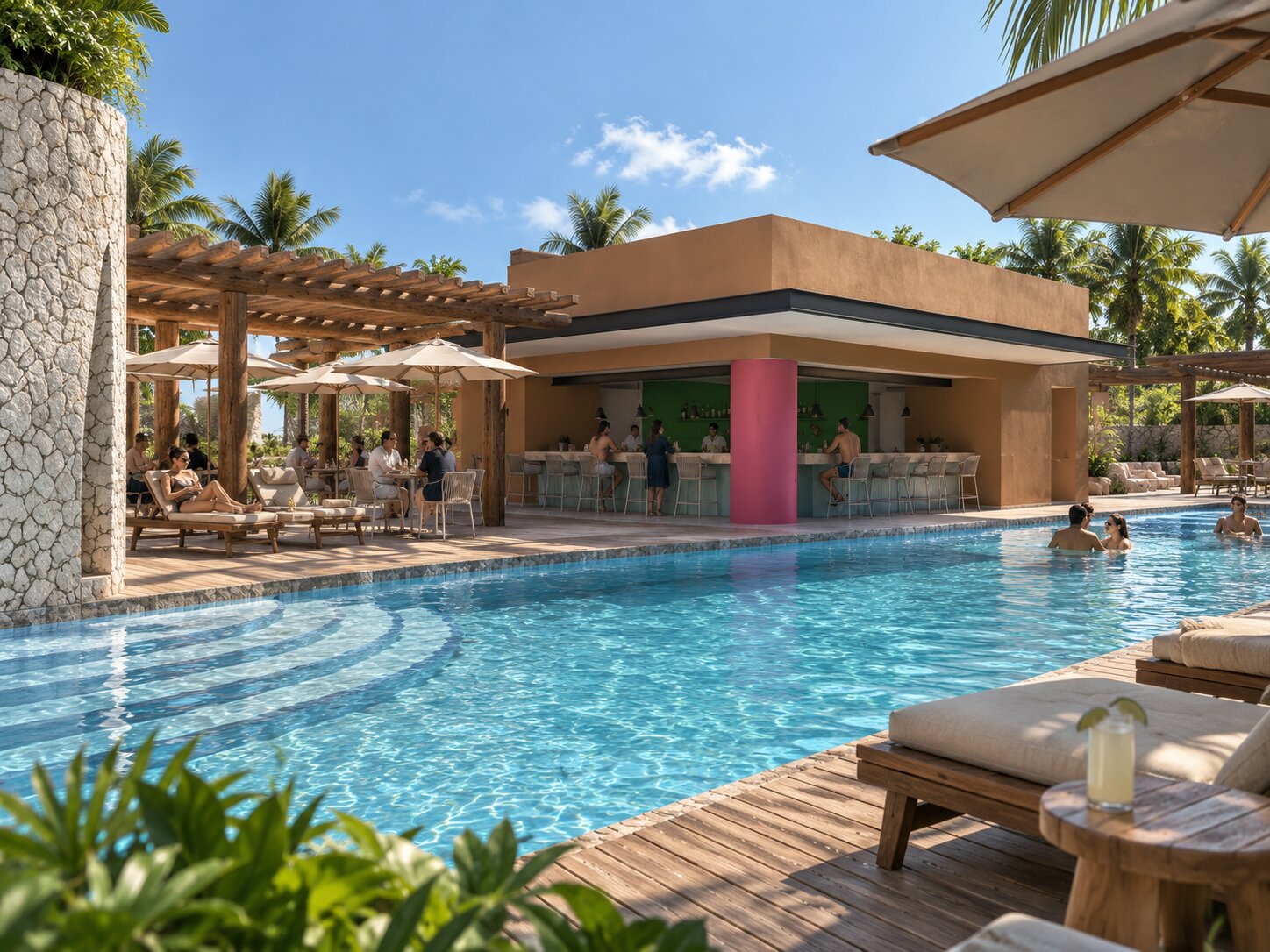 Wide deck view of Casa Luna Rooftop Bar at Hotel Xcaret Mexico