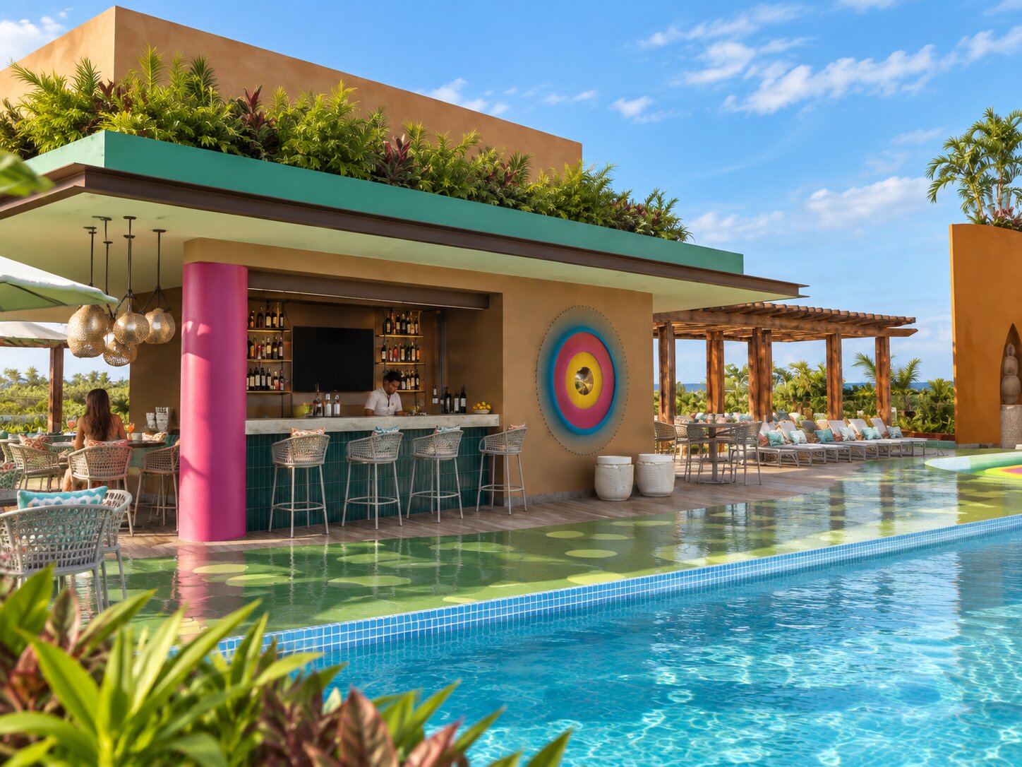 Bar seating at Casa Sol Rooftop in Hotel Xcaret Mexico