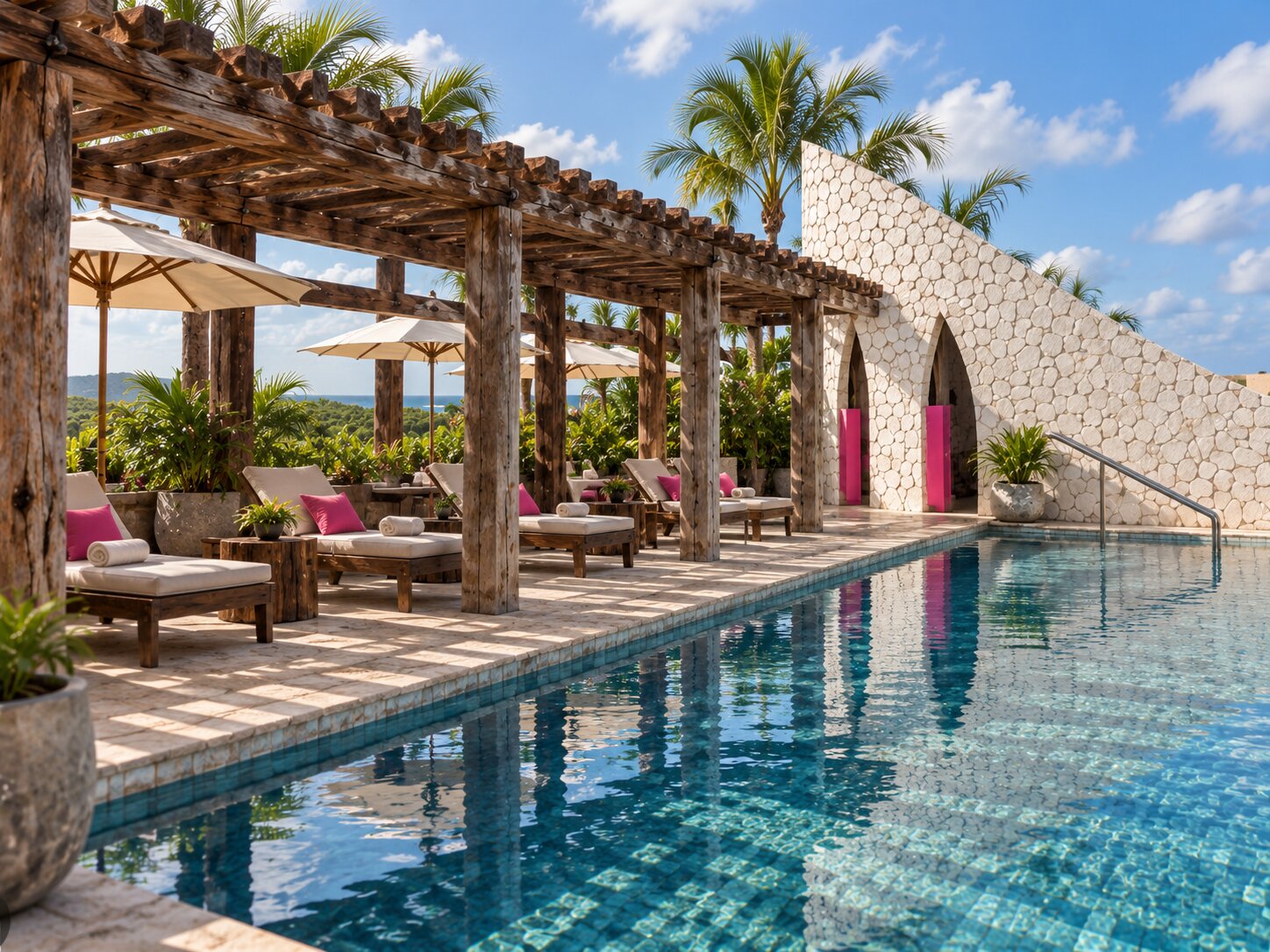Loungers beside the Casa Vida rooftop pool at Hotel Xcaret Mexico
