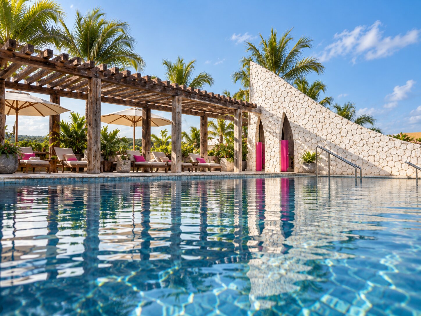 Low-angle view of Casa Vida rooftop pool at Hotel Xcaret Mexico
