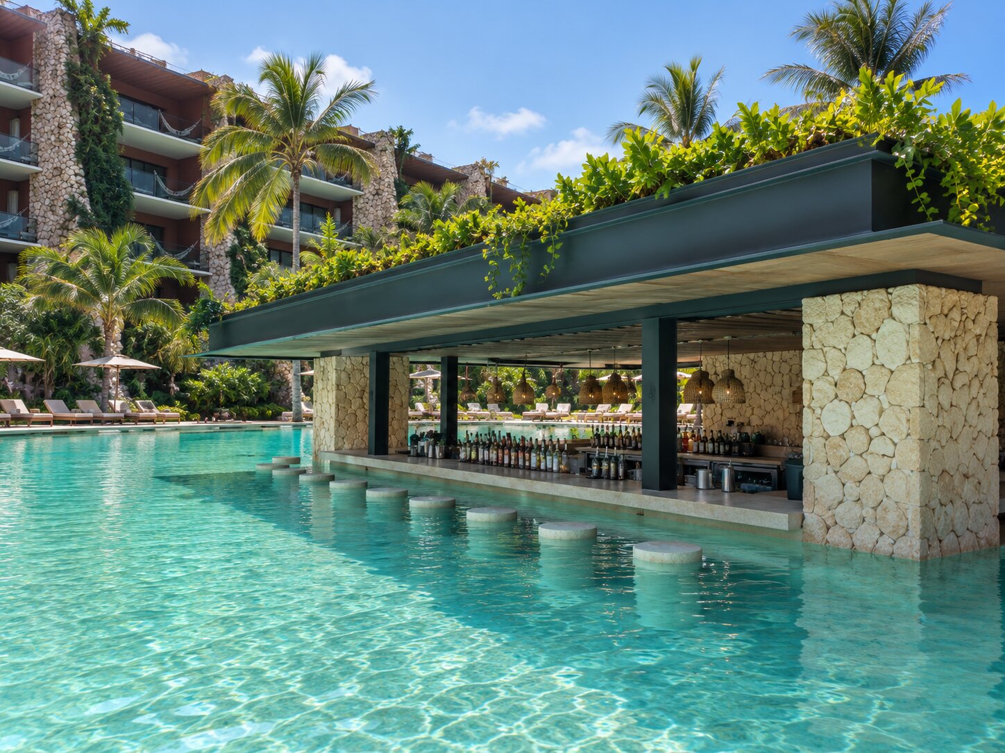 Swim-up side view of Casa Viento Pool Bar in Hotel Xcaret Mexico