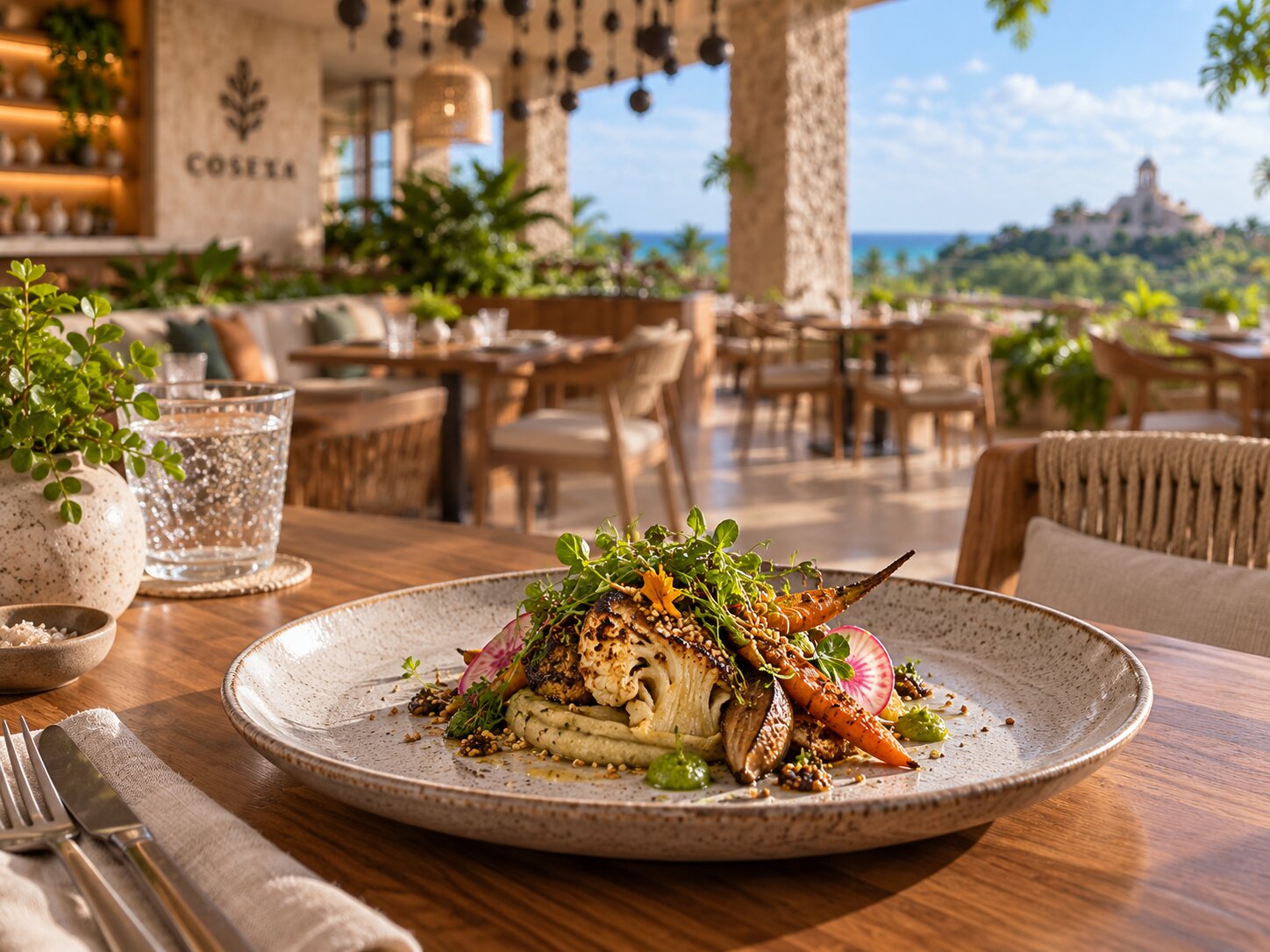 Plant-based dish served at Cosexa Restaurant in Hotel Xcaret Arte