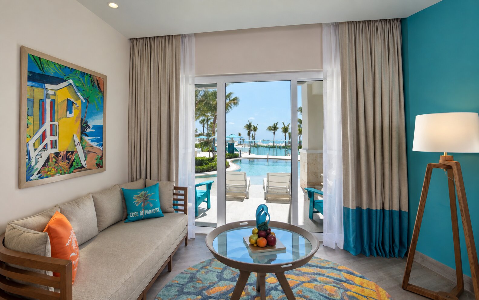 King Paradise Swim-Up Suite living area at Margaritaville Island Reserve Riviera Maya