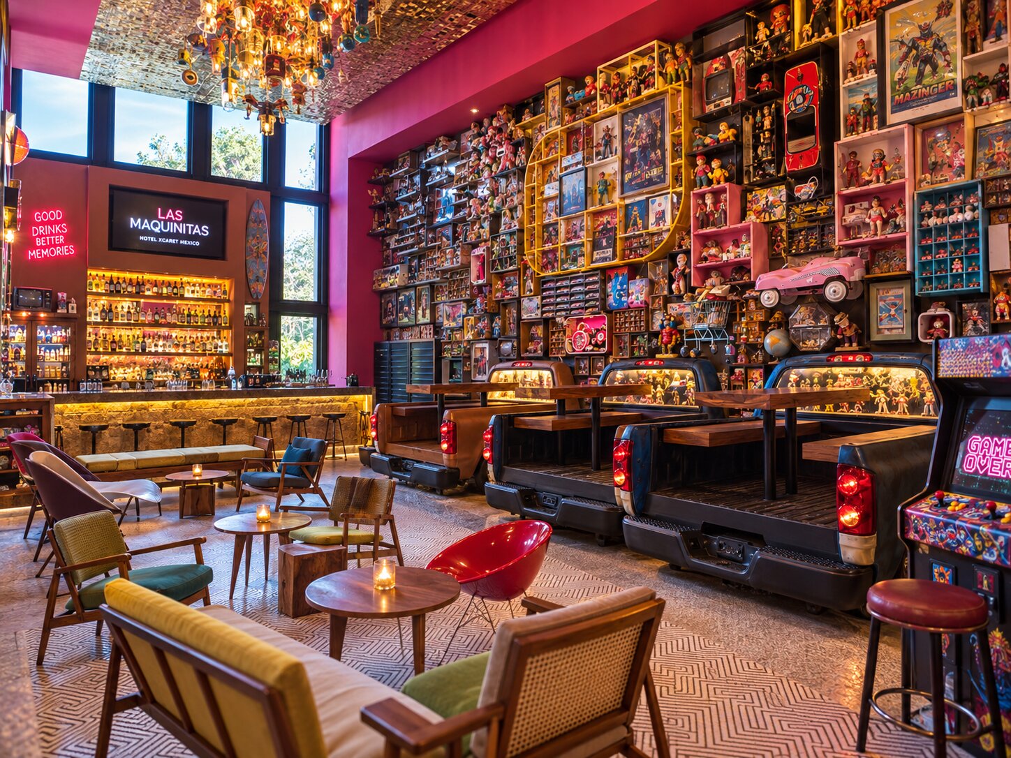 Lounge and bar area inside Las Maquinitas at Hotel Xcaret Mexico