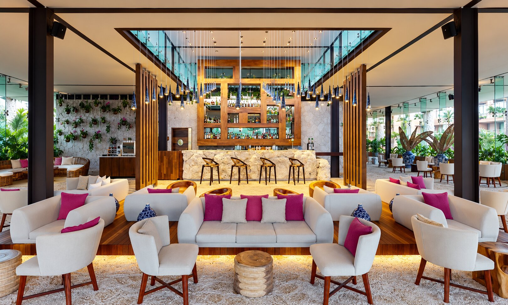 Centered view of the main Lobby Bar at Hotel Xcaret Mexico