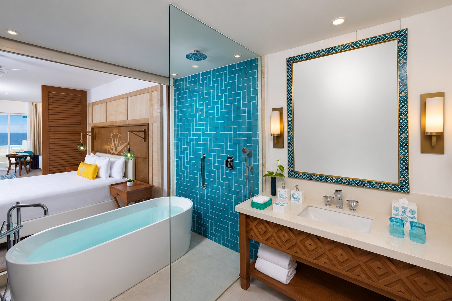 Oceanfront Paradise Swim-Up Studio bathroom at Margaritaville Island Reserve Riviera Maya