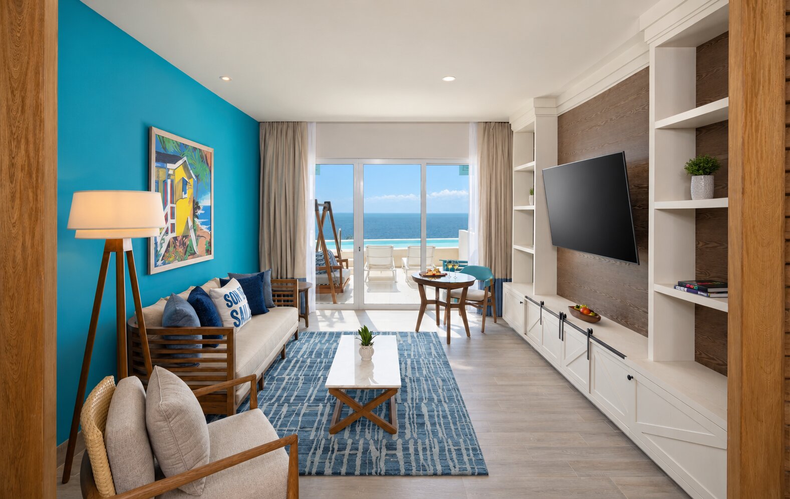 Living room in the One Particular Harbour Suite at Margaritaville Island Reserve Riviera Maya