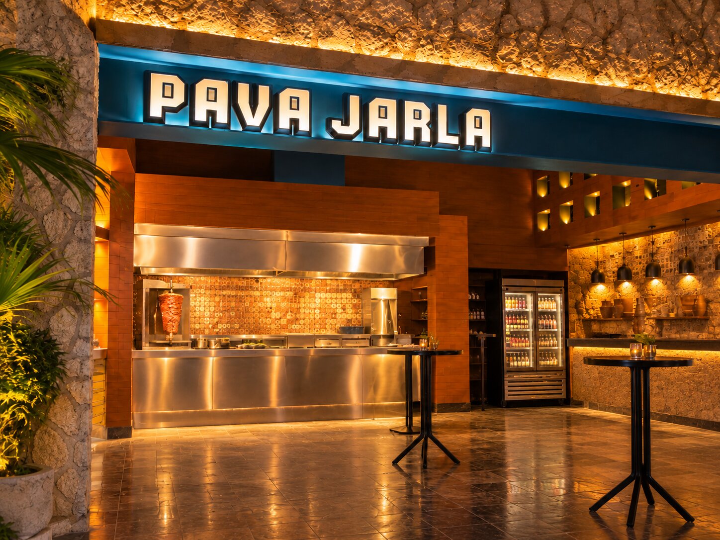 Pava Jarla taqueria at night in Hotel Xcaret Mexico