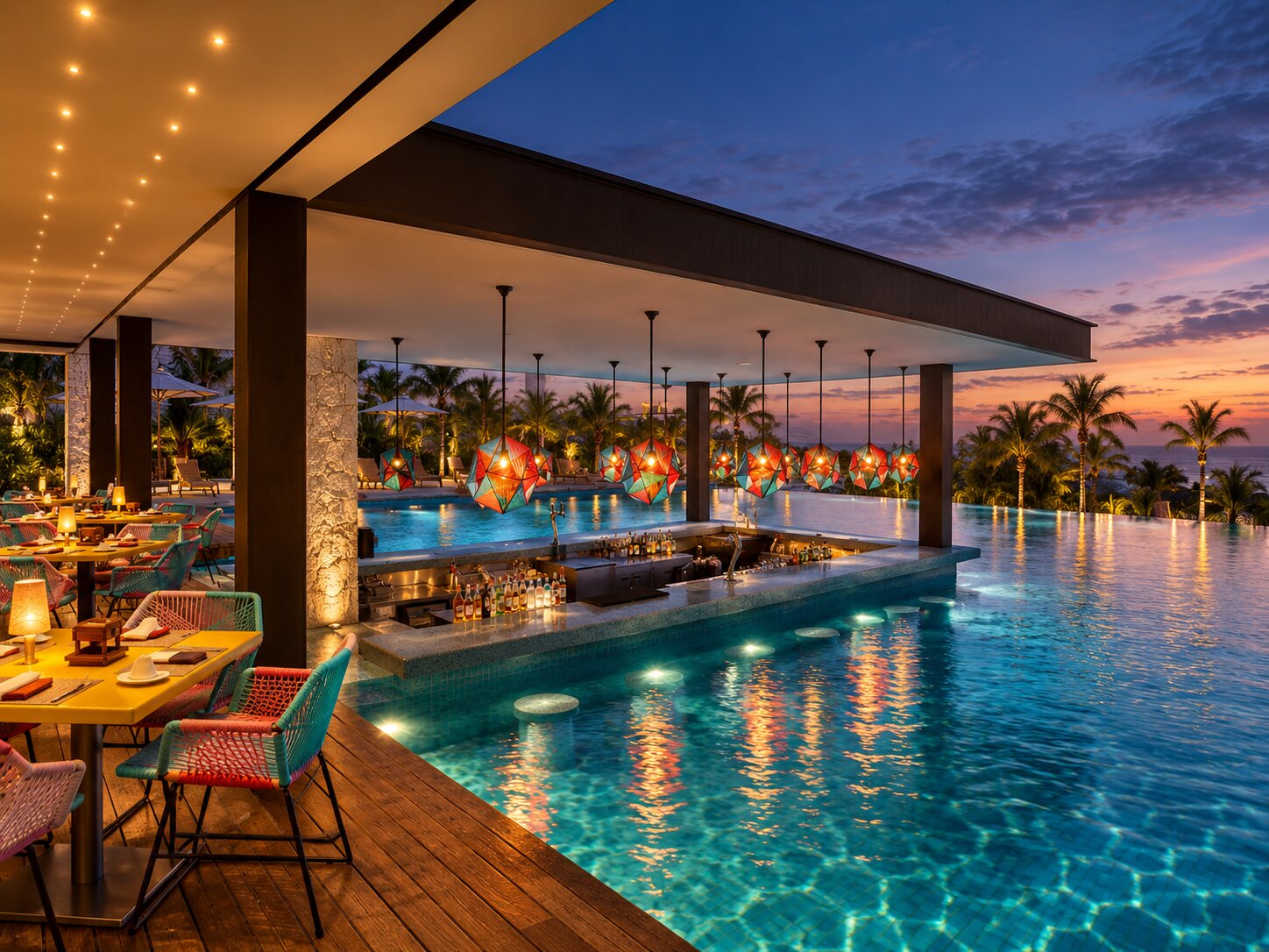 Trajinera Bar pool area in the evening at Hotel Xcaret Mexico