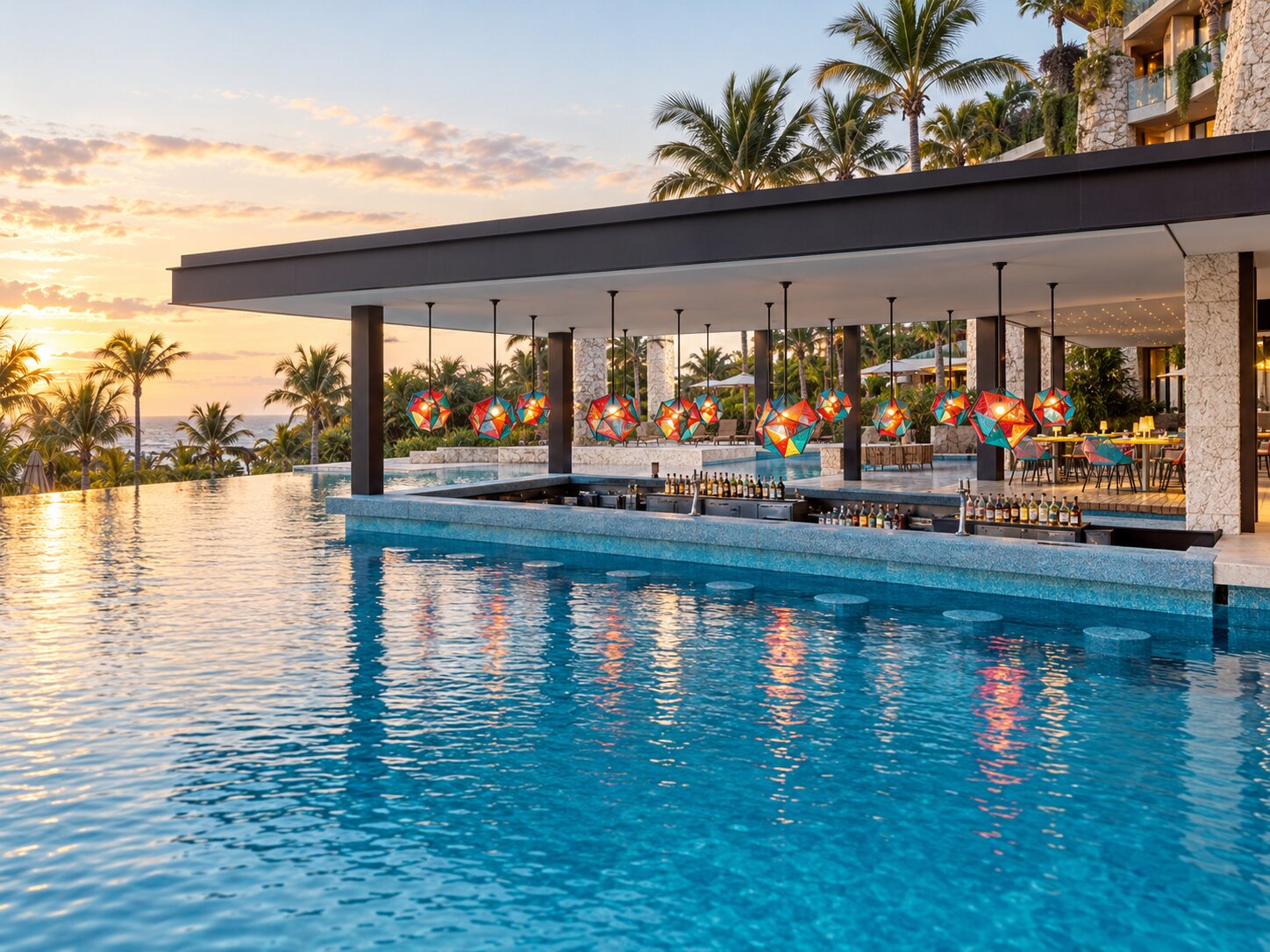 Wide pool view at Trajinera Bar in Hotel Xcaret Mexico