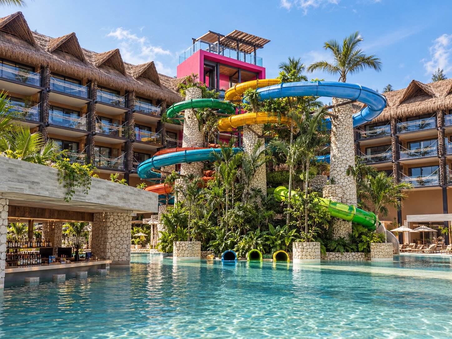 Pool and water slides at Wet Bar Toboganes in Hotel Xcaret Mexico