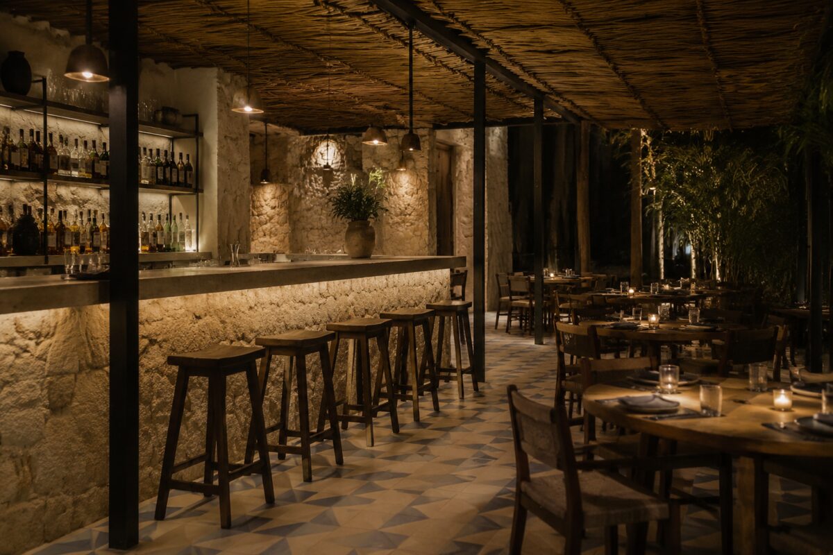 Bar and seating area at Xal Restaurant in La Casa de la Playa