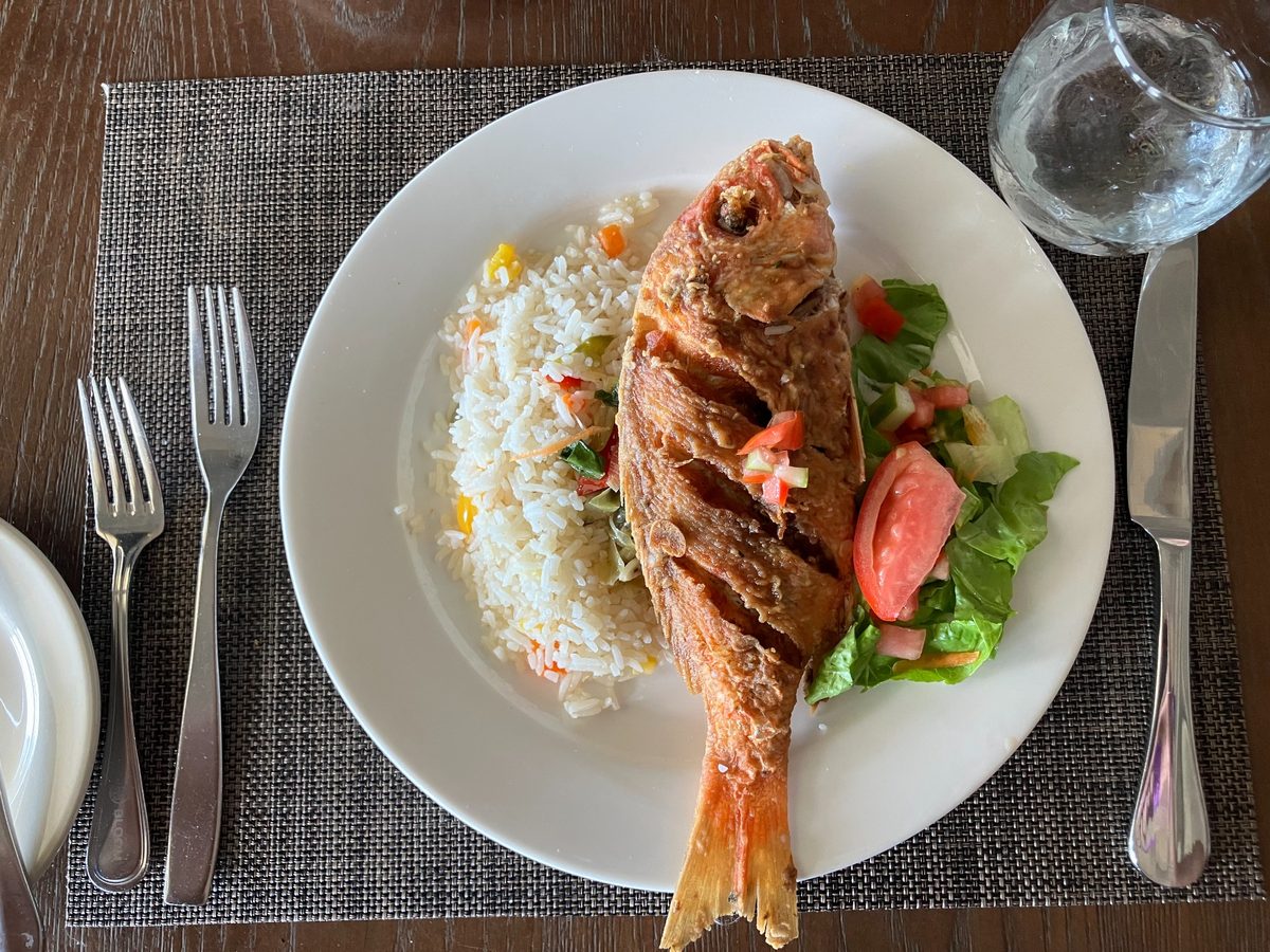 Whole fried red snapper with rice and salad served during my Azul Beach Resort Negril visit