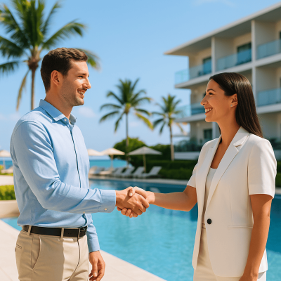 Two professionals shaking hands at a tropical resort partnership meeting